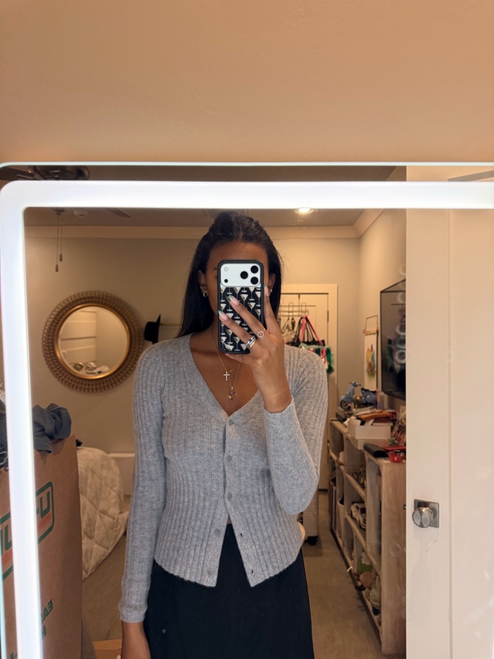 STAUD Light Gray Ribbed V-Neck Button Cardigan
